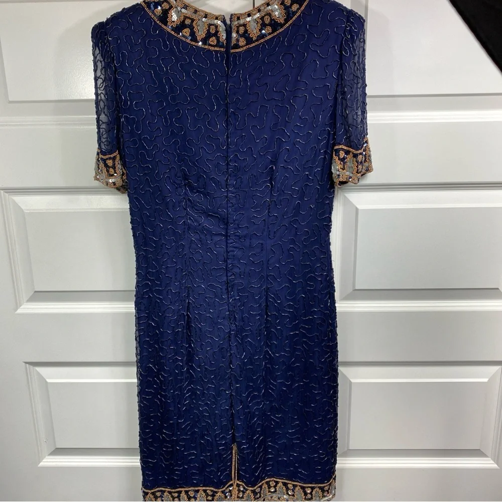 Vintage Silk Lawrence Kazar Embellished Beaded Sequined Sheath Dress Blue Gold M - Picture 7 of 8
